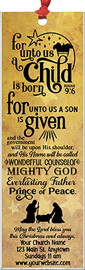 A Child Is Born is our original design for custom bookmarks for church welcome gifts at Christmas, celebrating the birth of Jesus and personalized with your church information for your church visitors.