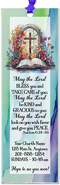 Christian Benediction is our original design for custom bookmarks for church welcome gifts, personalized with your church information for first time visitors.