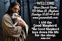 2x3 The Good Shepherd is our original design for custom magnets for church welcome gifts, personalized with your church information for first time visitors.