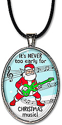 Whimsical guitar playing Santa handcrafted necklace, with the message: 