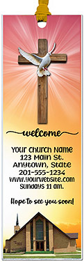 Cross and Dove is our original design for custom bookmarks for church welcome gifts, personalized with your church information and photo for first time visitors.