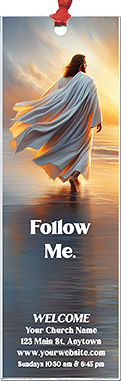 Follow Me is our original design for custom bookmarks for church welcome gifts, personalized with your church information for first time visitors.