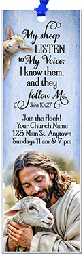 Jesus Loves His Lambs is our original design for custom bookmarks for church welcome gifts, personalized with your church information for first time visitors.