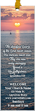 Great Is His Faithfulness is our original design for custom bookmarks for church welcome gifts, personalized with your church information for first time visitors.