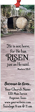 He Has Risen is our original design for custom bookmarks for church welcome gifts, personalized with your church information for first time visitors.