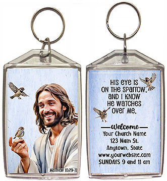 His Eye is on the Sparrow is our original design for custom double-sided keychains for church welcome gifts, personalized with your church information for first time visitors.