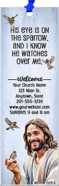 His Eye is on the Sparrow is our original design for custom bookmarks for church welcome gifts, personalized with your church information and photo for first time visitors.