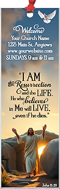 the Resurrection and the Life is our original design for custom bookmarks for church welcome gifts, personalized with your church information and photo for first time visitors.