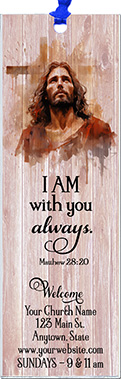 I Am With You Always is our original design for custom bookmarks for church welcome gifts, personalized with your church information for first time visitors.