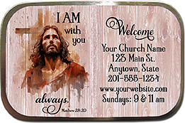 I Am with you always is our original design for custom mint tins for church welcome gifts, personalized with your church information for first time visitors.