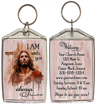 I Am With You Always is our original design for custom double-sided keychains for church welcome gifts, personalized with your church information for first time visitors.