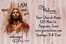 I Am With You Always is our original design for 2x3 inch custom magnets for church welcome gifts, personalized with your church information for first time visitors.