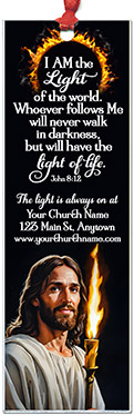 Light of the World is our original design for custom bookmarks for church welcome gifts, personalized with your church information for first time visitors.