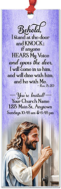 Knock At The Door is our original design for custom bookmarks for church welcome gifts, personalized with your church information for first time visitors.