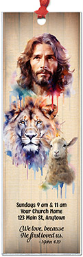 Jesus Lion & Lamb is our original design for custom bookmarks for church welcome gifts, personalized with your church information for first time visitors.