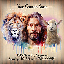 3x3 Square Jesus Lion & Lamb is our original design for custom magnets for church welcome gifts, personalized with your church information for first time visitors.