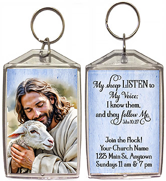 Jesus Loves His Lambs is our original design for custom double-sided keychains for church welcome gifts, personalized with your church information for first time visitors.