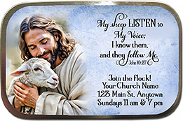 Jesus Loves His Lambs is our original design for custom mint tins for church welcome gifts, personalized with your church information for first time visitors.