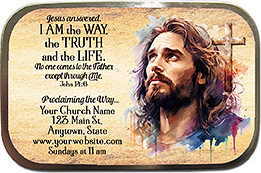 Jesus is the Way the Truth and the Life original design for custom mint tins for church welcome gifts, personalized with your church information for first time visitors.