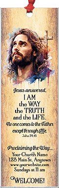 Jesus-the Way, the Truth, the Life is our original design for custom bookmarks for church welcome gifts, personalized with your church information for first time visitors.