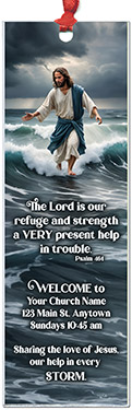 Our Help In The Storm is our original design for custom bookmarks for church welcome gifts, personalized with your church information for first time visitors.