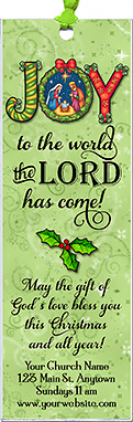 Joy Christmas is our original design for custom bookmarks for church welcome gifts at Christmas, celebrating the birth of Jesus and personalized with your church information for your church visitors.