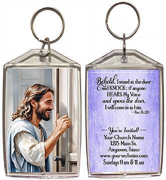 Knock At The Door is our original design for custom double-sided keychains for church welcome gifts, personalized with your church information for first time visitors.