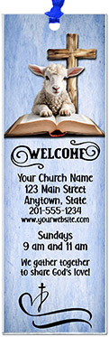 Lamb of God is our original design for custom bookmarks for church welcome gifts, personalized with your church information for first time visitors.