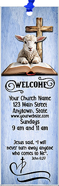 Lamb of God is our original design for custom bookmarks for church welcome gifts, personalized with your church information for first time visitors.