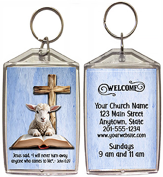 Lamb of God is our original design for custom double-sided keychains for church welcome gifts, personalized with your church information for first time visitors.