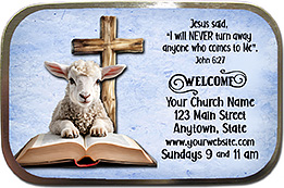 Lamb of God is our original design for custom mint tins for church welcome gifts, personalized with your church information for first time visitors.