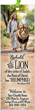 Lion of Judah is our original design for custom bookmarks for church welcome gifts, personalized with your church information for first time visitors.