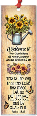 Rejoice is our original design for custom bookmarks for church welcome gifts, personalized with your church information for first time visitors.