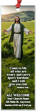 Come To Me is our original design for custom bookmarks for church welcome gifts, personalized with your church information for first time visitors.