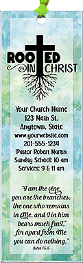 Rooted In Christ is our original design for custom bookmarks for church welcome gifts, personalized with your church information for first time visitors.