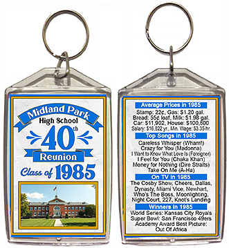 Class reunion key chain favors in Banner Photo design are personalized with your school name, colors, graduating year, with fun facts from your graduating year on back