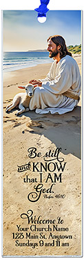 Be Still and Know is our original design for custom bookmarks for church welcome gifts, personalized with your church information for first time visitors.