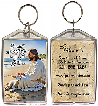 Be Still and Know is our original design for custom double-sided keychains for church welcome gifts, personalized with your church information for first time visitors.