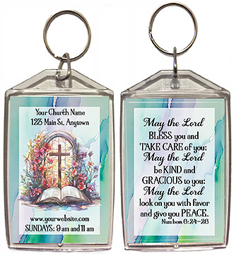 Whosoever is our original design for custom double-sided keychains for church welcome gifts, personalized with your church information for first time visitors.