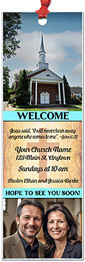 2 Photo Church design is fully customizable for church welcome gifts, personalized with your church information and two photos for first time visitors.