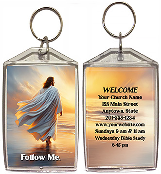 Follow Me is our original design for custom double-sided keychains for church welcome gifts, personalized with your church information for first time visitors.