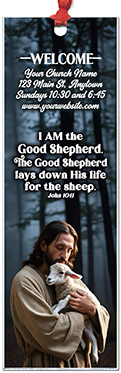 The Good Shepherd is our original design for custom bookmarks for church welcome gifts, personalized with your church information for first time visitors.