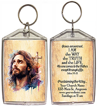 Jesus: the Way, Truth, Life is our original design for custom double-sided keychains for church welcome gifts, personalized with your church information for first time visitors.