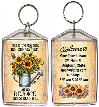 Rejoice is our original design for custom double-sided keychains for church welcome gifts, personalized with your church information for first time visitors.