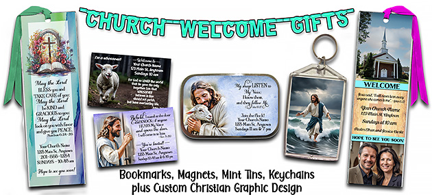 Samples of church welcome gifts for first-time visitors, featuring custom Christian bookmarks, magnets, keychains and mint tins, personalized with your church information.