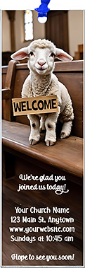 Church Welcome Lamb is our original design for custom bookmarks for church welcome gifts, personalized with your church information for first time visitors.