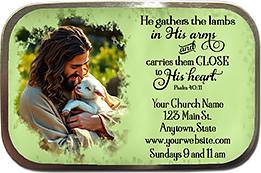 Close to His Heart is our original design for custom mint tins for church welcome gifts, personalized with your church information for first time visitors.