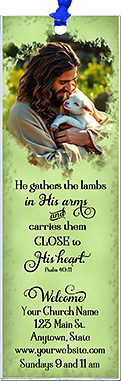 Close to His Heart is our original design for custom bookmarks for church welcome gifts, personalized with your church information for first time visitors.