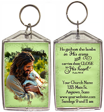 Close To His Heart is our original design for custom double-sided keychains for church welcome gifts, personalized with your church information for first time visitors.