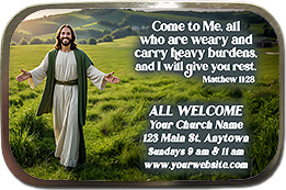 Come to Me original design for custom mint tins for church welcome gifts, personalized with your church information for first time visitors.